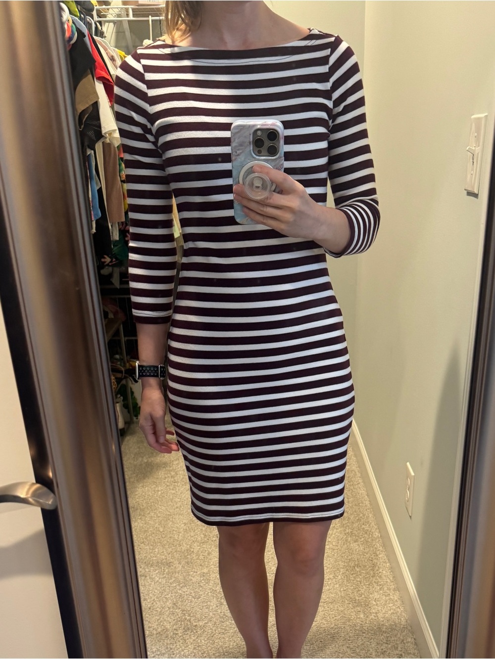 GAP Striped Boatneck Midi Dress in White and Dark Burgundy